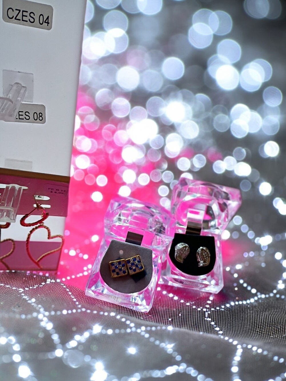 Pink Crystal Earring Display Box with Two Stud Pairs
